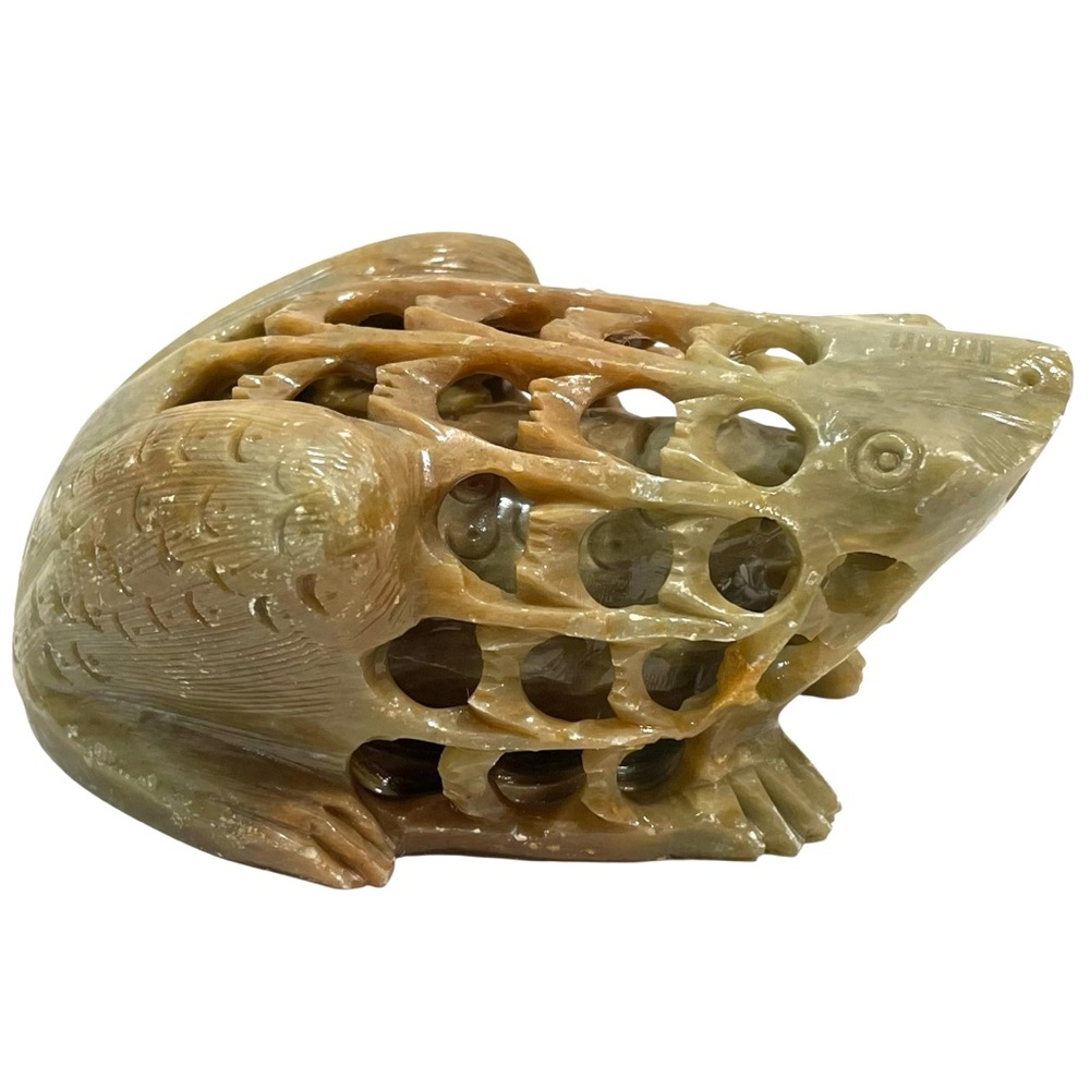 Vintage 1970s Onyx Marble Sculpture Undercut Frog Within a Frog Carved Stone Art